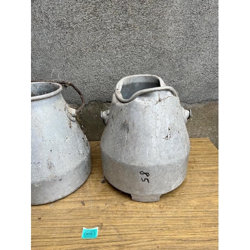 683 - Pair of small milk cans. {32 cm W x 38 cm H}