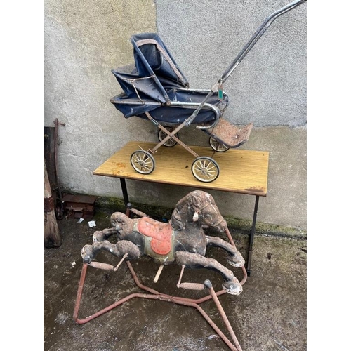 726 - Vintage Raleigh childs pram and a childs rocking horse. {100 cm W x 85 cm H x 50 cm D}