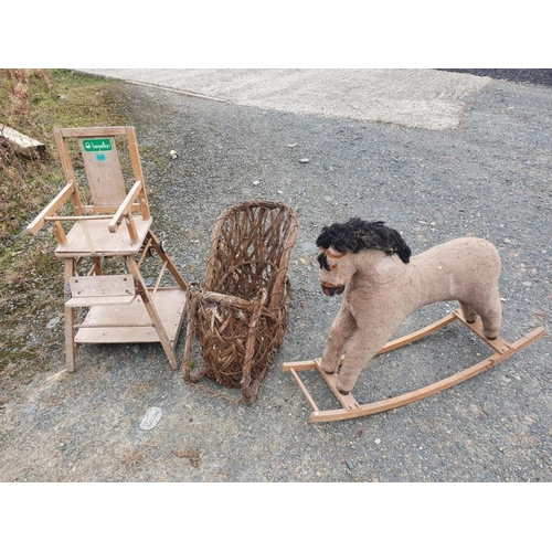 80 - Childs chair, rocking horse and wicker slay.