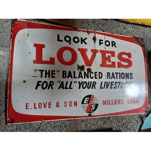 835 - E. Love and Sons, Cork - Original Enamel Sign, Avertising Livestock Rations