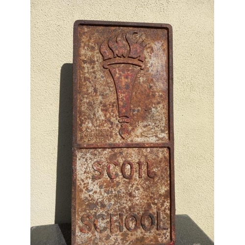 899 - Rare Irish MECo Cast Iron Road Sign.  - 1920's Bilingual Scoil/School.  Macroom Engineering Co (Cork... 