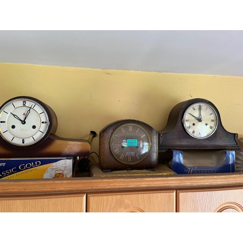 901 - Three vintage clocks. {46 cm W x 20 cm H x 12 cm D}