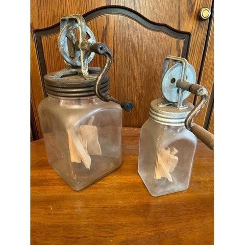 925f - Two vintage butter churns. {Tallest 20 cm W x 36 cm H}