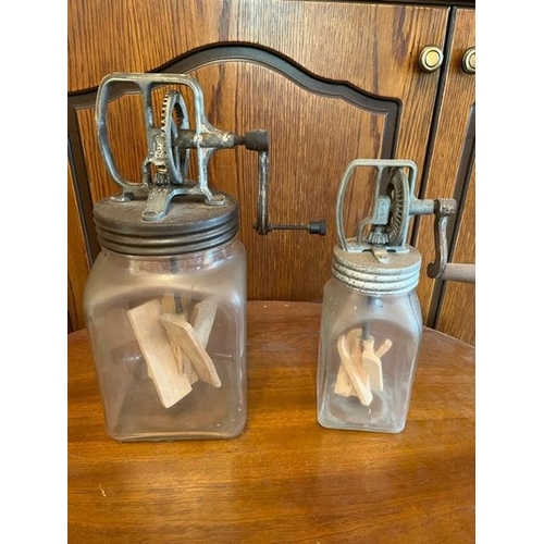 925f - Two vintage butter churns. {Tallest 20 cm W x 36 cm H}