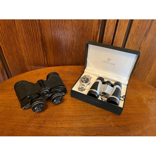 925p - Classique cased binoculars and watch, and Bell & Howell binoculars.