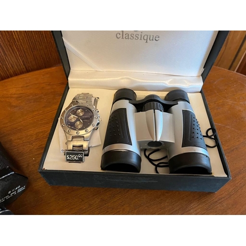 925p - Classique cased binoculars and watch, and Bell & Howell binoculars.