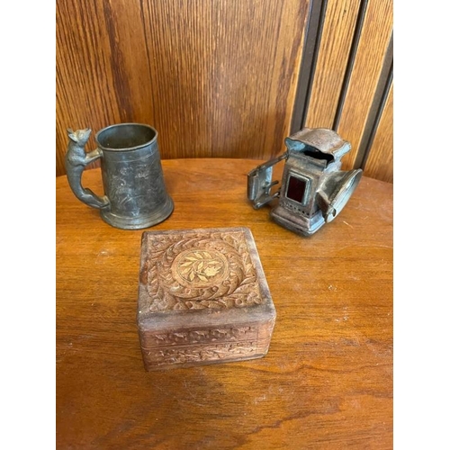 925w - Unusual bicycle oil lamp, pewter tankard and a hardwood box.