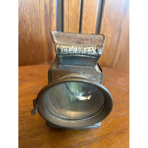 925w - Unusual bicycle oil lamp, pewter tankard and a hardwood box.