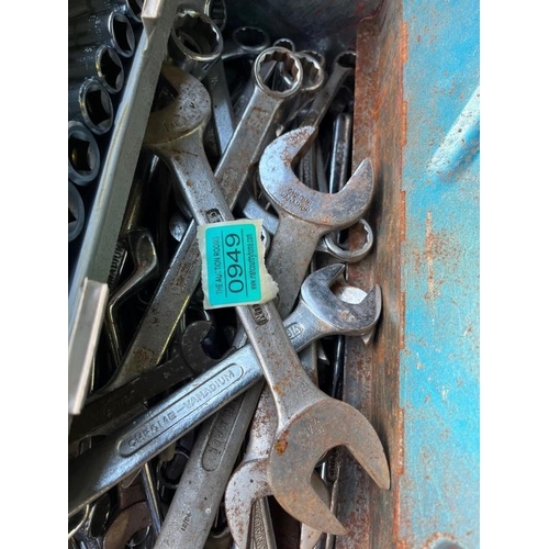 949 - Good blue tool box of spanners and socket set.