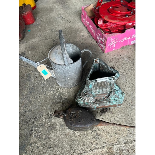 769 - Vintage oil can, aluminium water can, metal Corinthian column top  and a wheel.