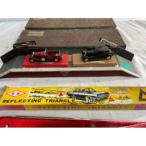 143 - Model Car Display, Vintage Warning Triangle and 2 Tin Boxes