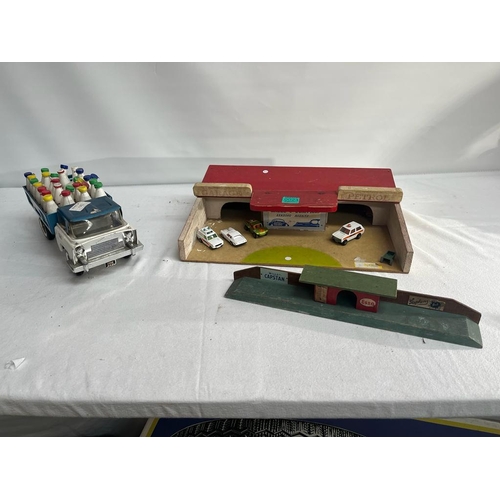 24 - Vintage Triang Milk Truck, Garage Model and Railway Platform with Accessories