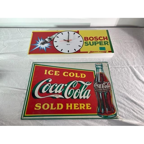 621 - Bosch Super Plastic Garage Clock and a Vintage Coca Cola Sign (45cm x 31cm)