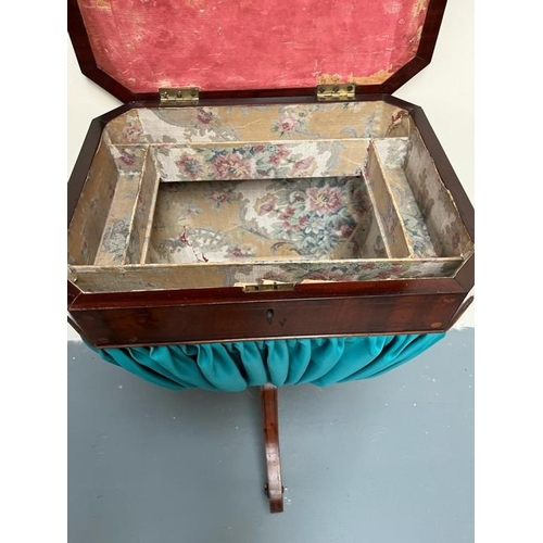 222 - Regency Ebony Inlaid Mahogany Sewing Table with silk lined wool bag (52cm x 72cm x 70cm)