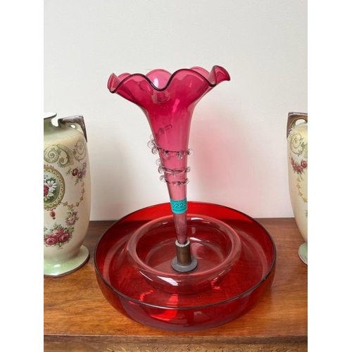 223 - Ruby Epergne and a Pair of Porcelain Vases