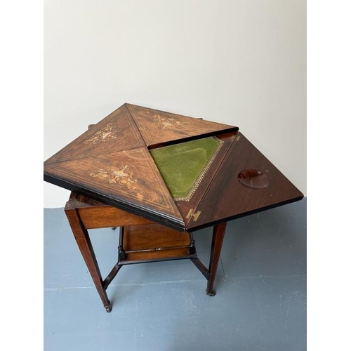 230 - Late Victorian Inlaid Rosewood Envelope Games Table profusley inlaid (55cm x 55cm x 72cm)