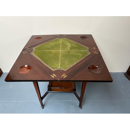 230 - Late Victorian Inlaid Rosewood Envelope Games Table profusley inlaid (55cm x 55cm x 72cm)