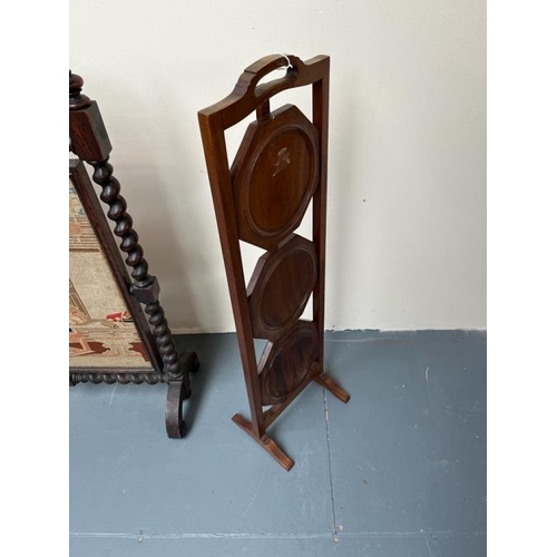 235 - Victorian Rosewood Firescreen on bobbin supports (60cm x 90cm) and an Edwardian Plate Stand