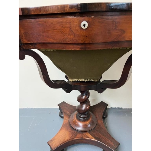 309 - Early Victorian Rosewood Sewing Table of serpentine form on barley twist with platform base (50cm x ... 