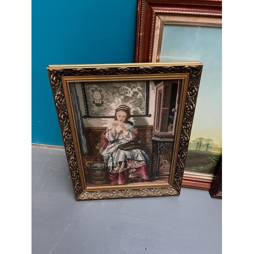 317 - Two Large Framed Prints and a Tapestry of a seated Girl