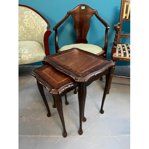 414 - Edwardian Inlaid Mahogany Armchair, Two Vintage Armchairs and a Nest of 2 Tables