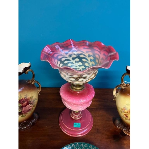 427 - Edwardian Oil Lamp with good Shade (crack), Pair of Vases and a Cabinet Plate