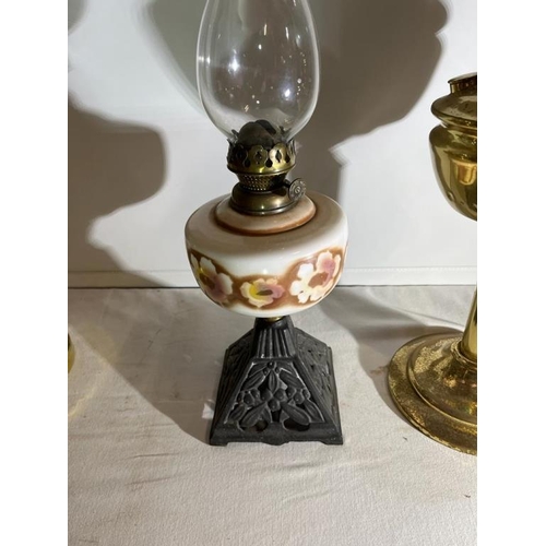 460 - Edwardian Oil Lamp and a Brass Column Oil Lamp with Etched Shade (Tallest 65cm)