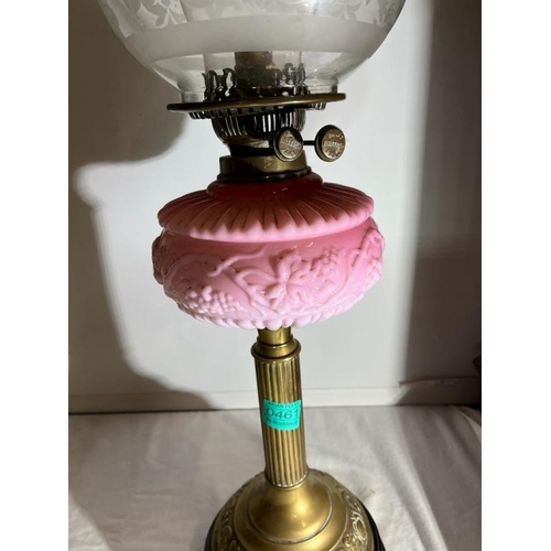 461 - Victorian Brass Column Oil Lamp with Pink Bowl and Etched Shade (damaged)