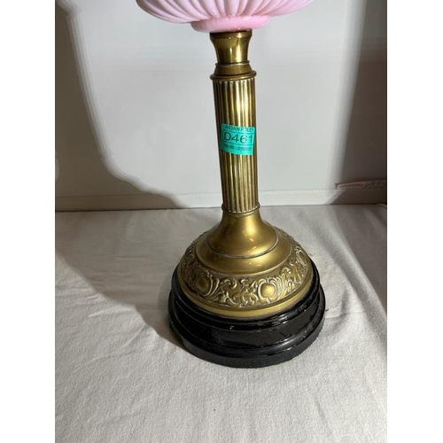 461 - Victorian Brass Column Oil Lamp with Pink Bowl and Etched Shade (damaged)