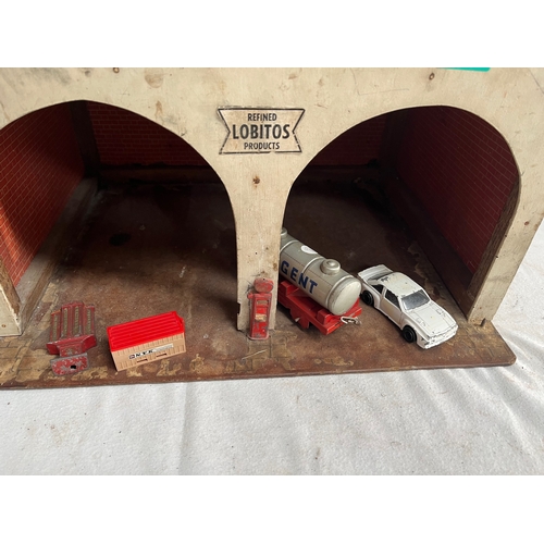 93 - Vintage Timber Model Garage and Contents (45cm x 25cm x 37cm)