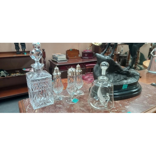 Waterford Glass Sugars Shaker, 2 other sugar shakers and 2 decanters