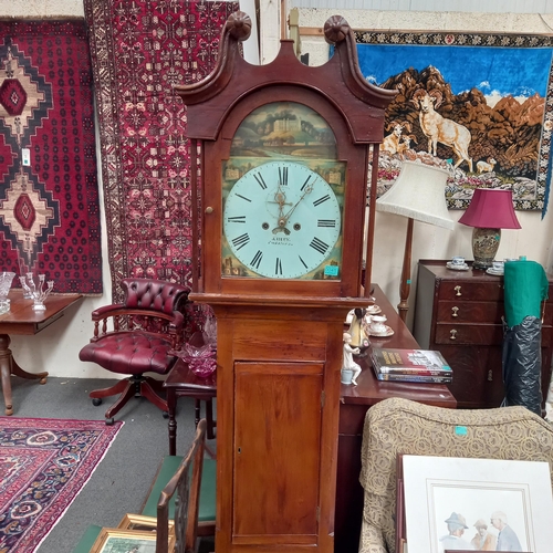 45 - Victorian Longcase Clock - 8 Day painted Arch Dial, Pine Case, Pendulum and Weights (crutch needs sm... 