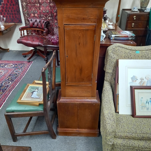 45 - Victorian Longcase Clock - 8 Day painted Arch Dial, Pine Case, Pendulum and Weights (crutch needs sm... 