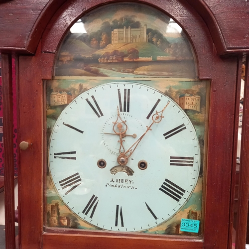 45 - Victorian Longcase Clock - 8 Day painted Arch Dial, Pine Case, Pendulum and Weights (crutch needs sm... 