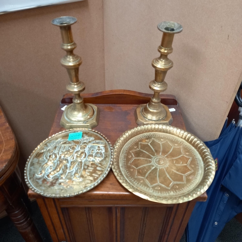 56 - Pair of Victorian Brass Candlesticks, Brass Alms Dish and another