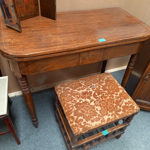 59 - Victorian Mahogany Tea Table with Inlaid decoration on turned legs