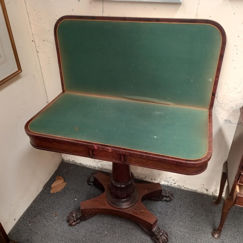 502 - Victorian Mahogany Rosewood Games Table on shaped column with 4 paw feet