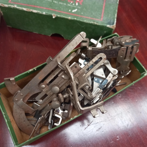 610 - Collection of Singer Sewing Machine Parts, an Avon scales and an Oak Biscuit Barrell