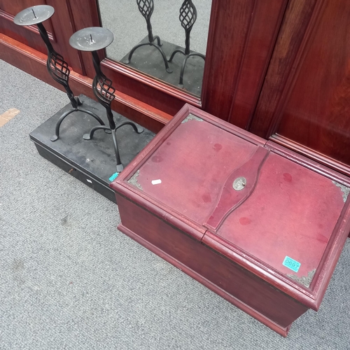 666 - Metal Deed Box, Pair of Wrought iron Candlesticks and an Oriental Coffer