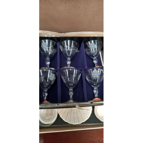 736 - Cased Set Cocktails for Six Sea Servers and a cased set of 6 Connemara Cut Glass Aperitifs