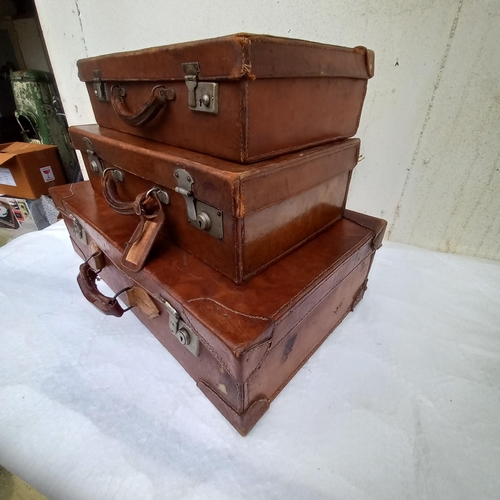 19 - Good Suite of 3 Vintage Leather Luggage Cases - Largest 38cm x 66cm x 18cm