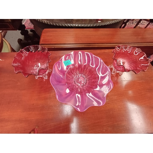 261 - Pair of Red Glass Posy Bowls and a Red Vaseline Glass Fruit Bowl