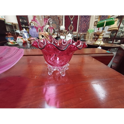 261 - Pair of Red Glass Posy Bowls and a Red Vaseline Glass Fruit Bowl