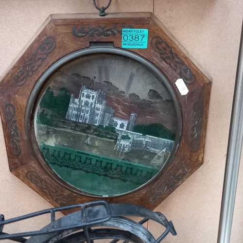 387 - Reverse painted on Glass Painting of a Castle in a Brass Inlaid Frame