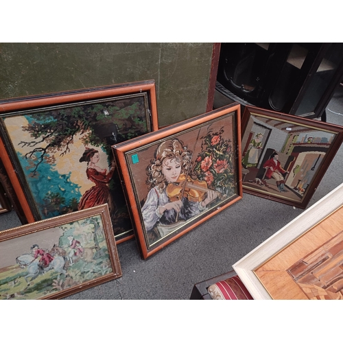 96 - Collection of Framed Tapestries (7) plus a Woodcut Painting