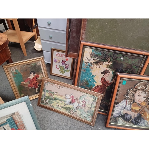 96 - Collection of Framed Tapestries (7) plus a Woodcut Painting