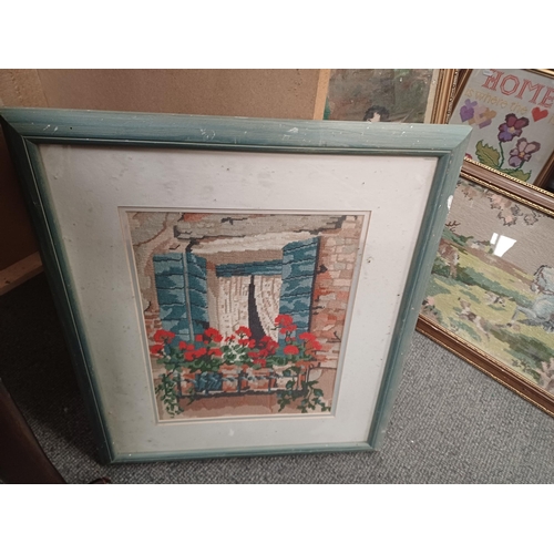 96 - Collection of Framed Tapestries (7) plus a Woodcut Painting