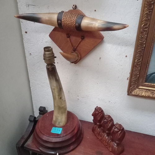 534 - Animal Horn Table Lamp, Horn Coat Hook and a Monkey Ornament