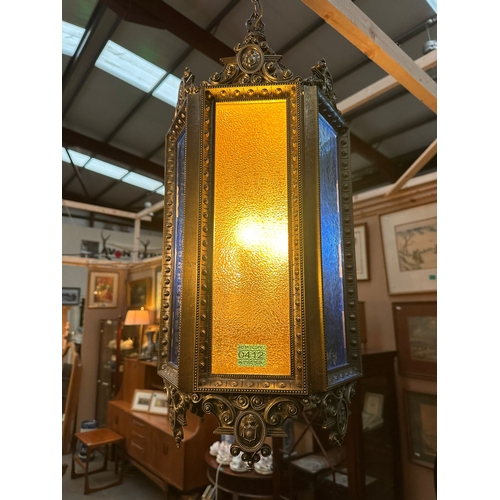 412 - Pair of Impressive of Metal and Stained Glass, Moroccan style Lantern Lights with coloured Glass Pan... 