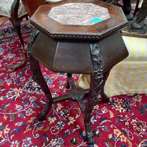 735 - Carved Hardwood Marble Inset Occasional Table